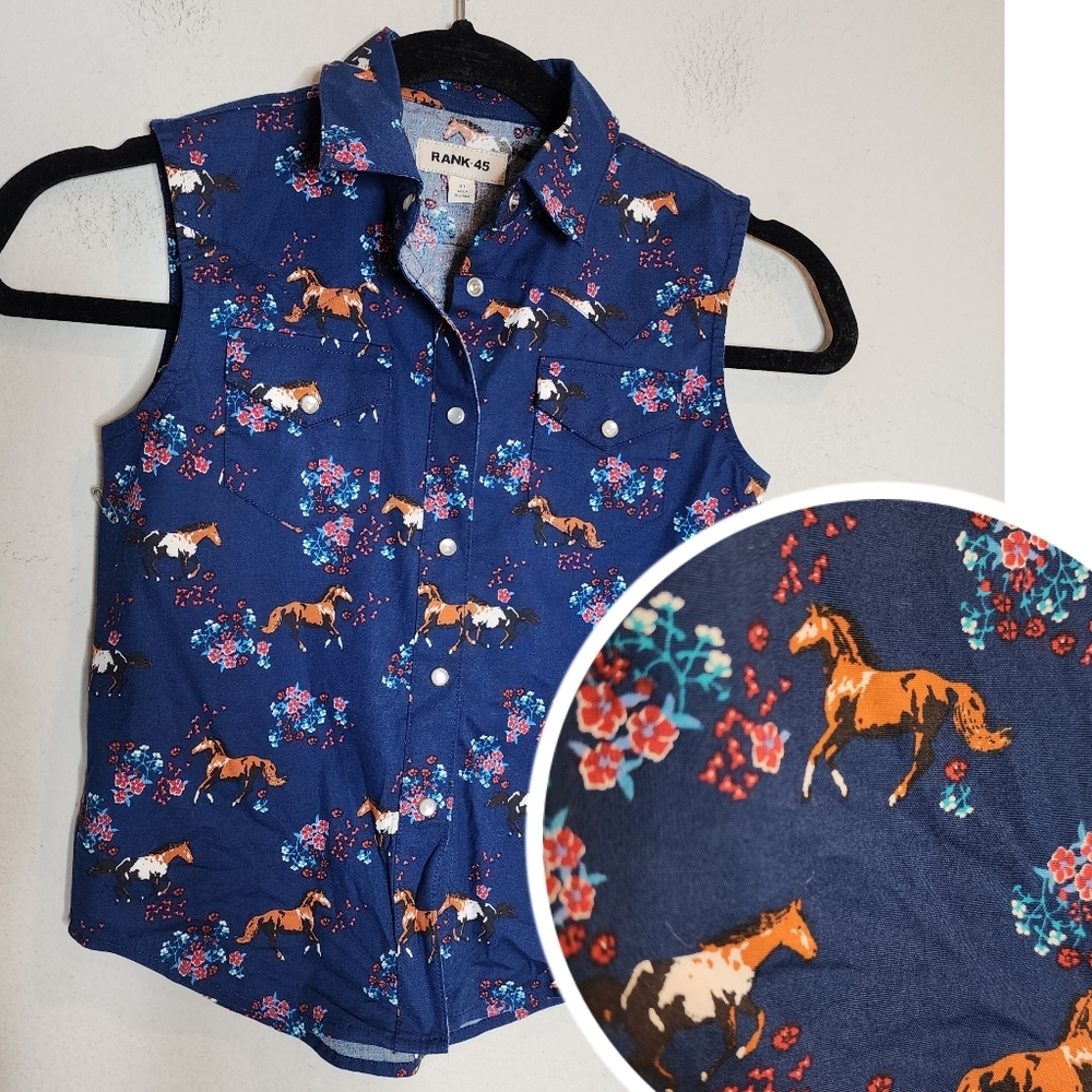 Rank 45 Horses sleeveless button down shirt. Kids size 3T. Navy blue